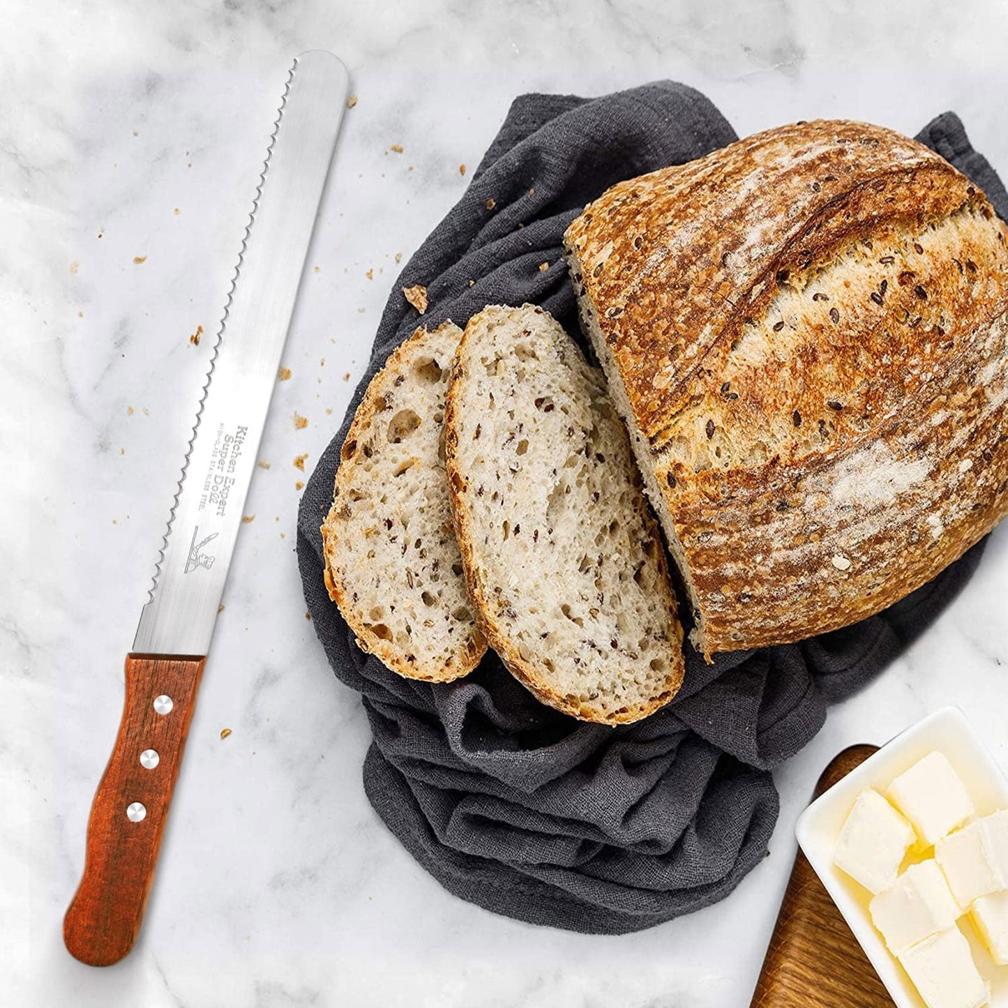 ZOUYUE Ultra Sharp Serrated Bread Knife for Homemade Bread with 10.5 Inch Wide Wavy Edge