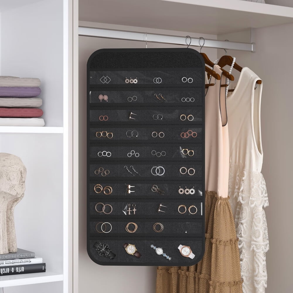 1-Pack Hanging Jewelry Organizer 80-Pocket Dual-sided Jewelry Storage for Jewelry Earring Necklace Bracelet Ring Storage Travel Holder,Black