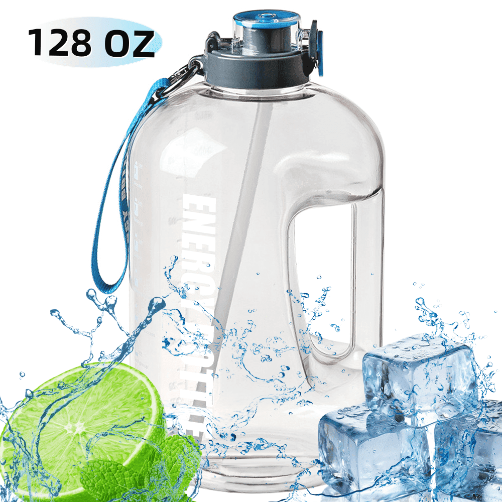 1 Gallon Water Bottles,128 oz Motivational Time Marked Water Bottle With Straw,BPA Free,Leak Proof Sports Water Bottle,Clear