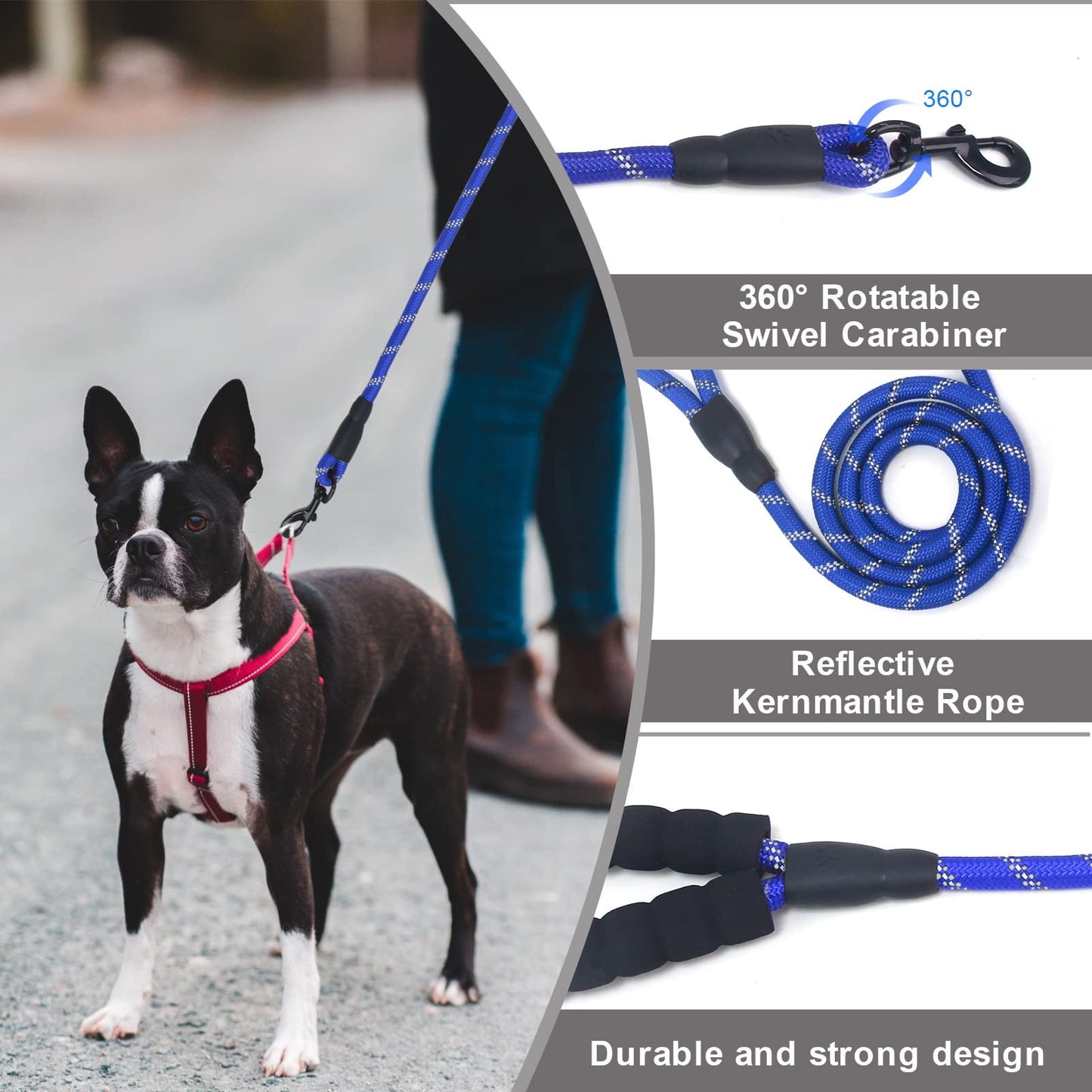 ZOUYUE Rope Dog Leash 5 FT with Comfortable Padded Handle, Highly Reflective Threads Dog Leash for Large/Medium Dogs, 1/2 inch, Multi-Color