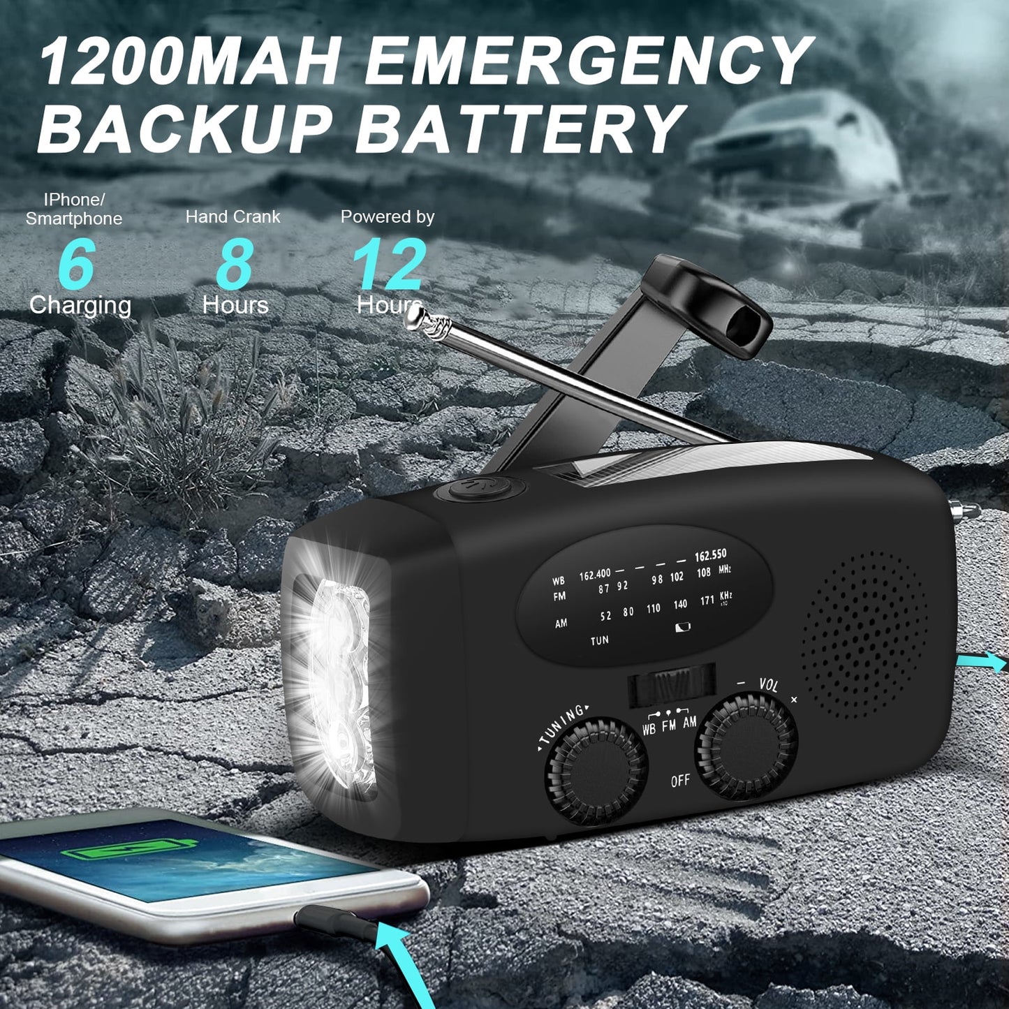 ZOUYUE Hand Crank Emergency Radio, Portable Radio Solar Powerd AM FM WB NOAA Weather Radio with Flashlight, Cell Phone Charge, SOS Alarm