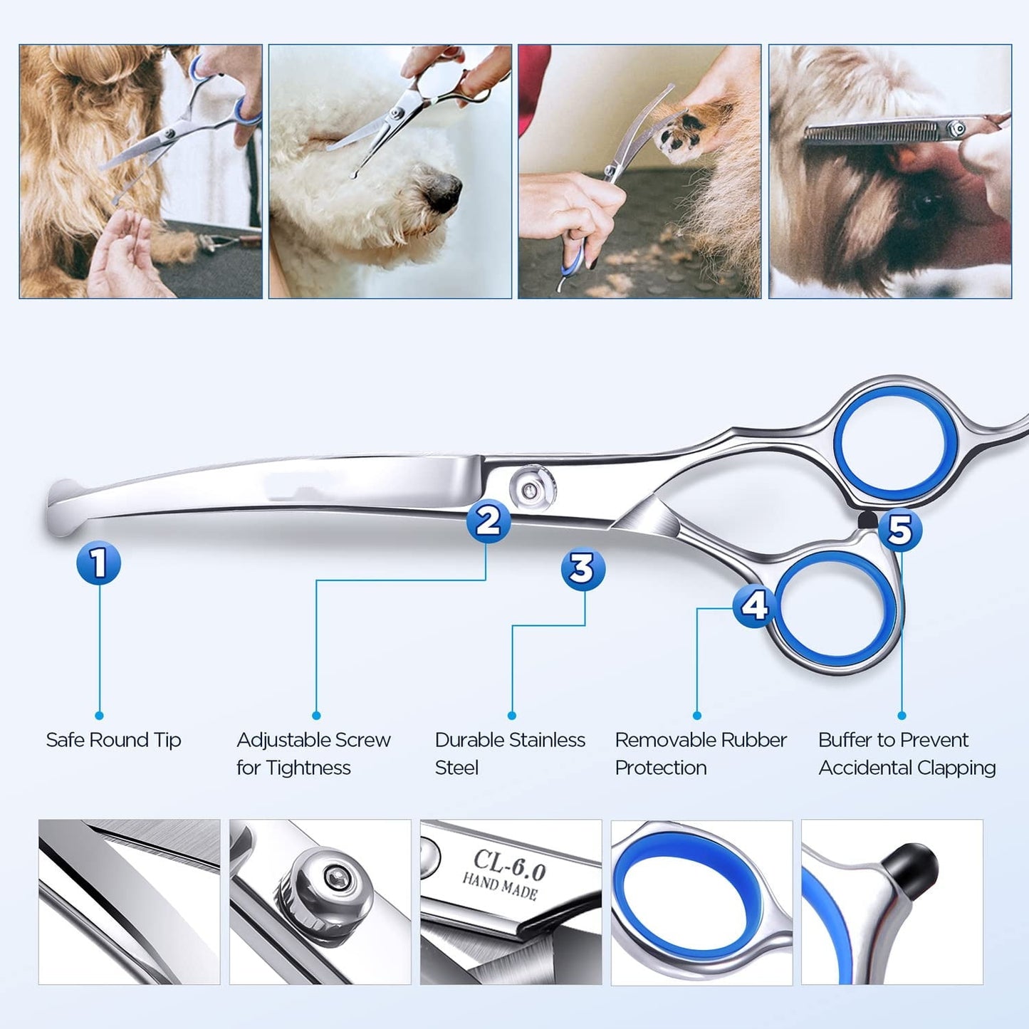 ZOUYUE Titanium Coated Professional 6 in 1 4CR Stainless Steel Dog Grooming Scissors with Safety Round Tip, Heavy Duty Pet Grooming Scissor for Dogs, Cats and Other Animals