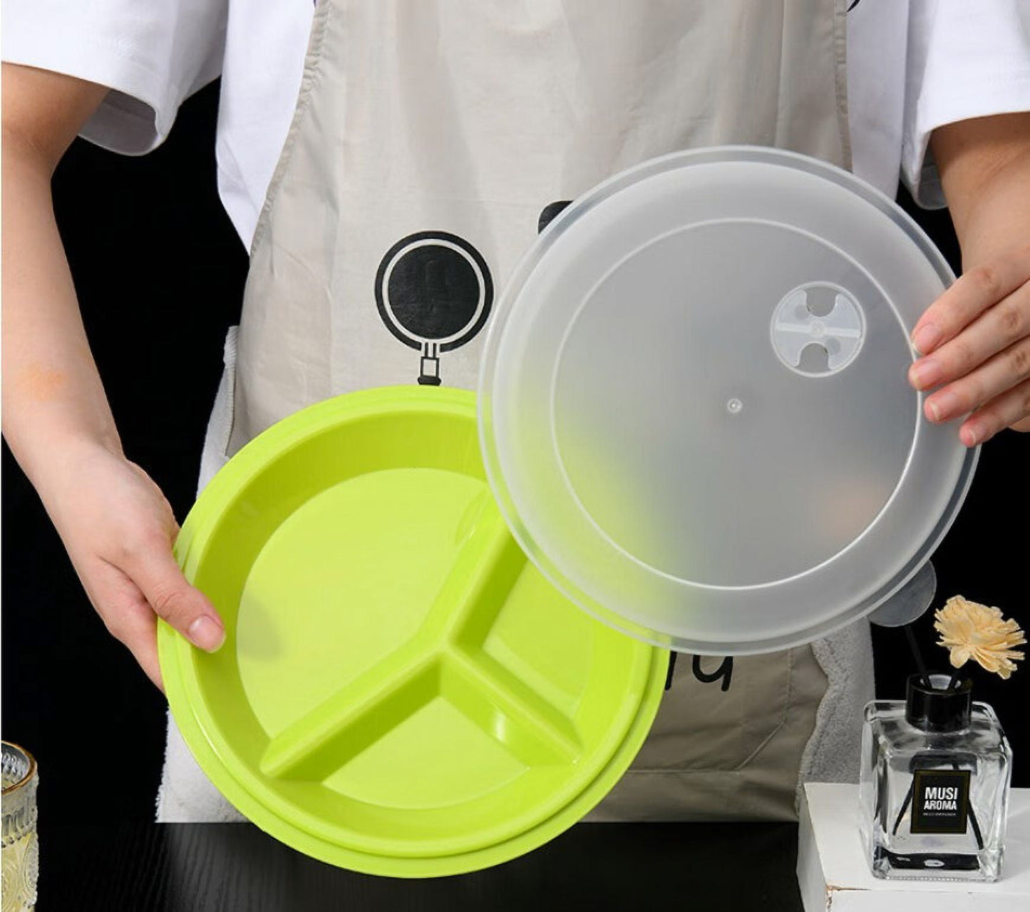 (Set of 3) Microwave Food Storage Tray Containers - 3 Section / Compartment Divided Plates w/ Vented Lid