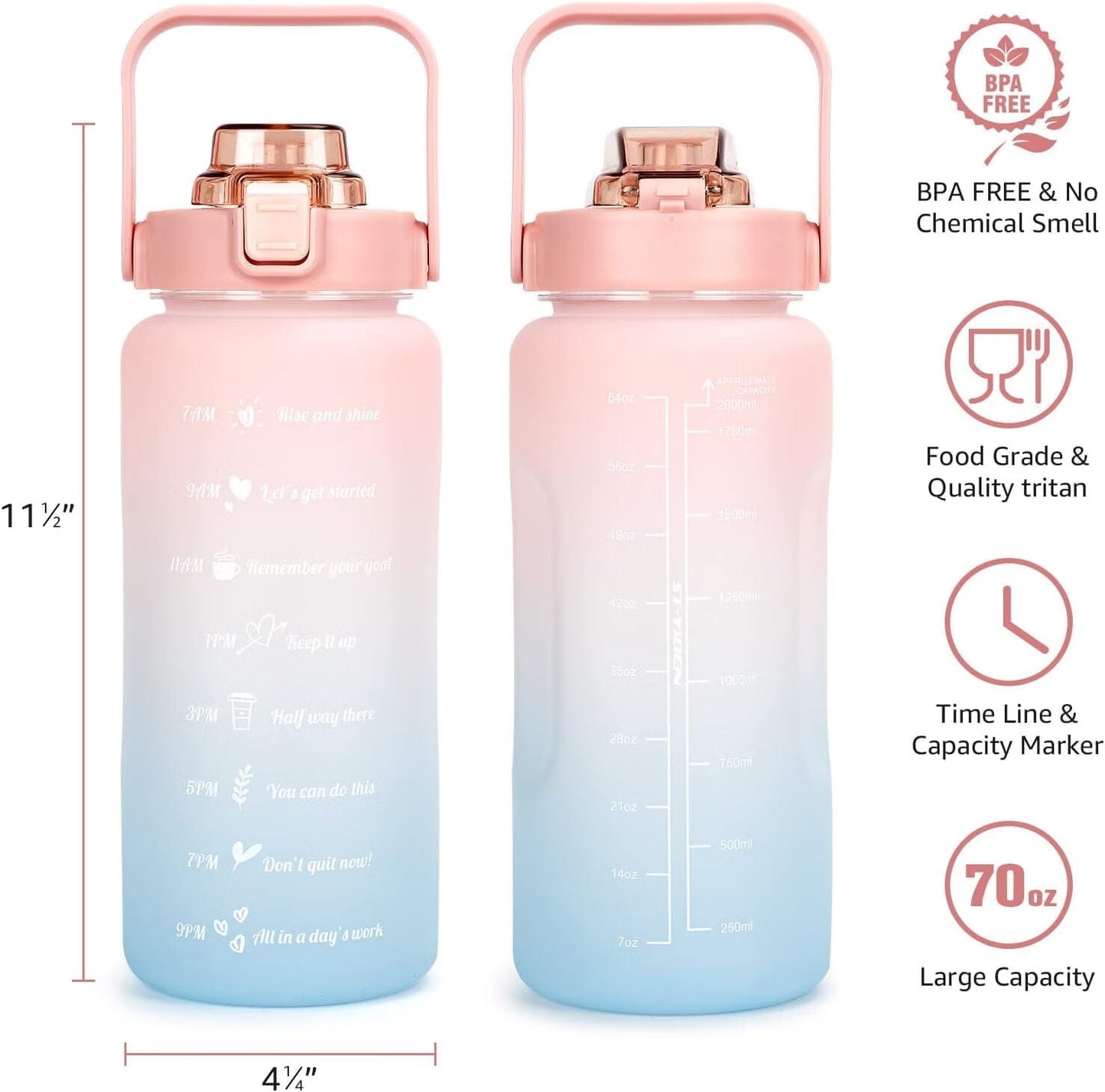 ZOUYUE 64OZ Half Gallon Water Bottle With Straw,Water Bottles with Time Marker/Handle,Leakproof BPA Free Reusable Water Jug Easy Carry for Adult and Kids Gym Sports Outdoors(Multicolor)