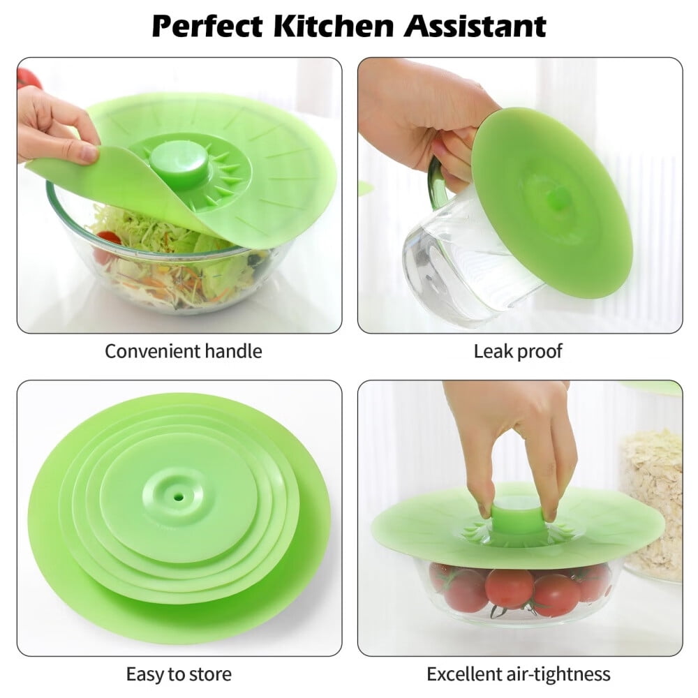 Silicone Bowl Lids,Set of 5 Silicone Food Lids for Cups,Bowls,Plates,Pots,Pans,Skillets,Stovetops,Ovens,and Refrigerators,Kitchen Gadgets,Green