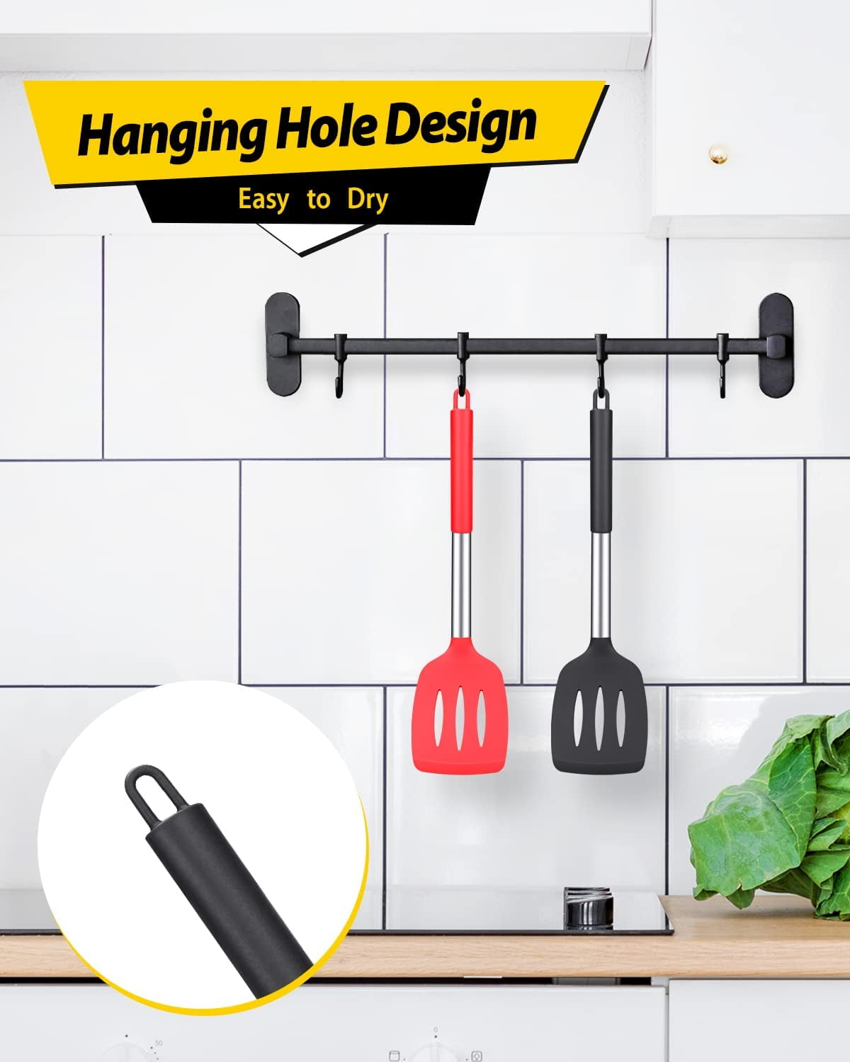ZOUYUE 2 Pack Silicone Slotted Spatula Set, Non Stick Home Kitchen Turner Set, Black + Red