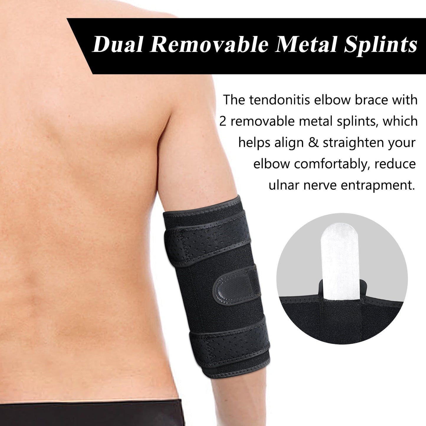 1 Pcs Tennis Elbow Brace,Night Sleep Elbow Support,Comfortable Elbow Splint,Adjustable Stabilizer with 2 Removable Metal Splints for Cubital Tunnel Syndrome,Tendonitis,Elbow sleeve for Men,Women