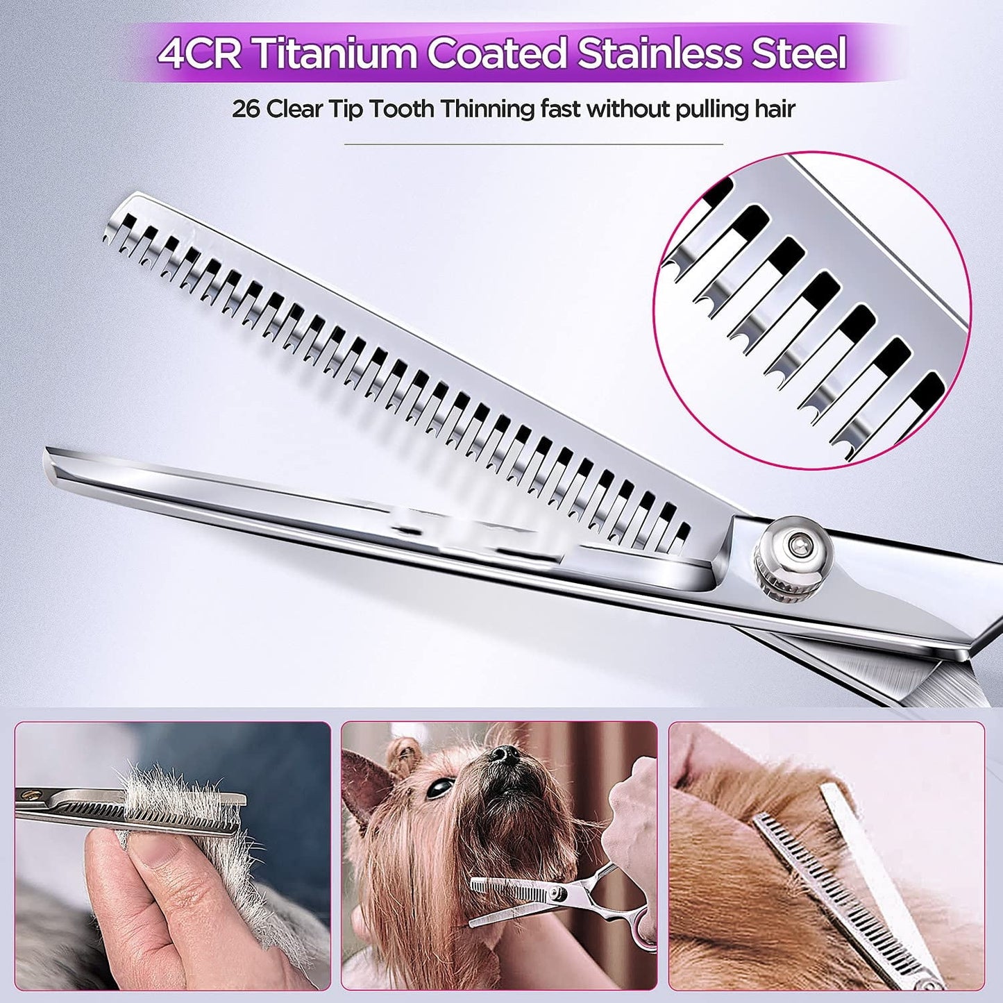 ZOUYUE Titanium Coated Professional 6 in 1 4CR Stainless Steel Dog Grooming Scissors with Safety Round Tip,Heavy Duty Pet Grooming Scissor for Dogs,Cats and Other Animals