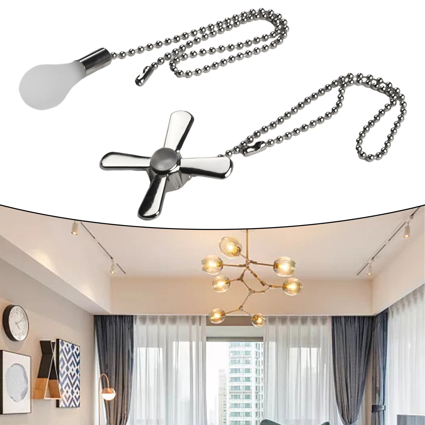 1 Pcs Ceiling Fan Pull Chain Beaded Ball Extension Chains with Light Bulb and Fan Cord,Silver