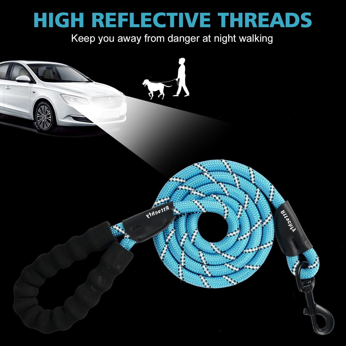 ZOUYUE Rope Dog Leash 5 FT with Comfortable Padded Handle, Highly Reflective Threads Dog Leash for Large/Medium Dogs, 1/2 inch, Multi-Color
