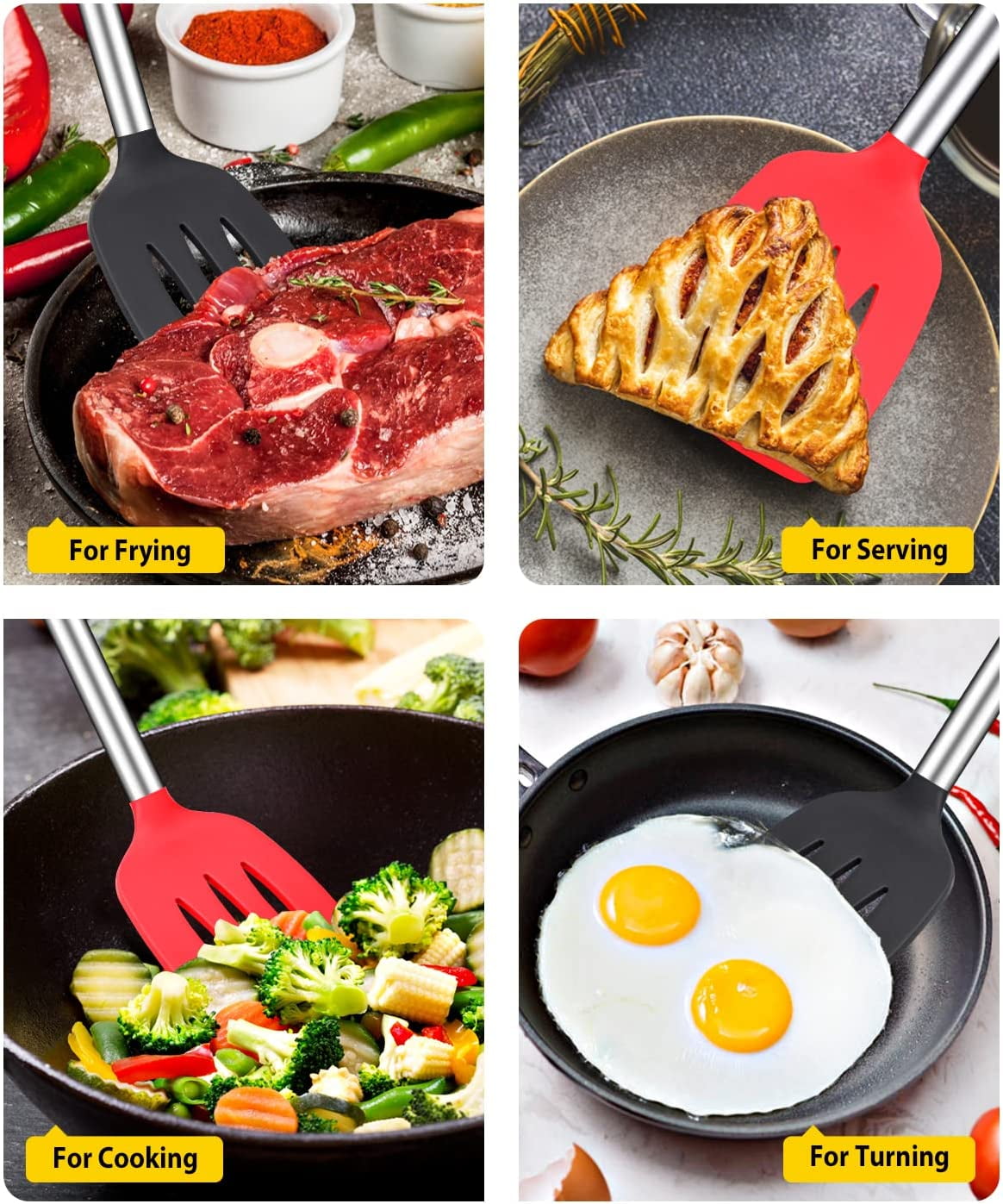 ZOUYUE 2 Pack Silicone Slotted Spatula Set, Non Stick Home Kitchen Turner Set, Black + Red