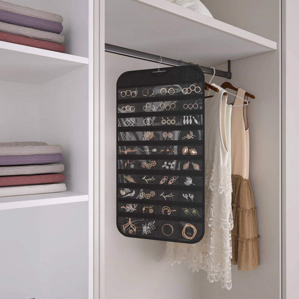 1-Pack Hanging Jewelry Organizer 80-Pocket Dual-sided Jewelry Storage for Jewelry Earring Necklace Bracelet Ring Storage Travel Holder,Black
