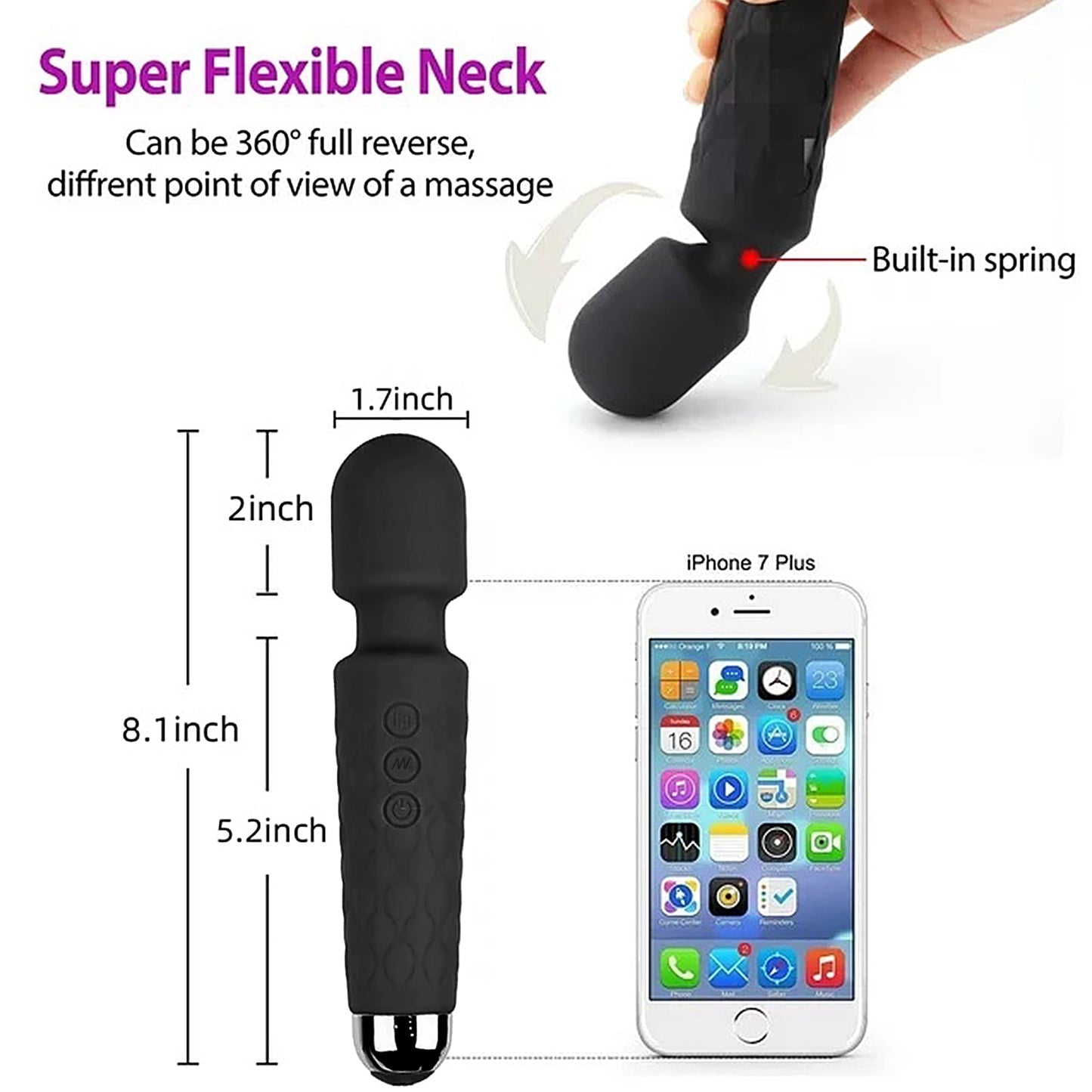 ZOUYUE Portable Soft Mini Personal Messager Wand TravelSize Silicone MassagePleasure Handheld with Twenty Vibrating Patterns Eight Speeds Body Massager Cordless Rechargeable,Black