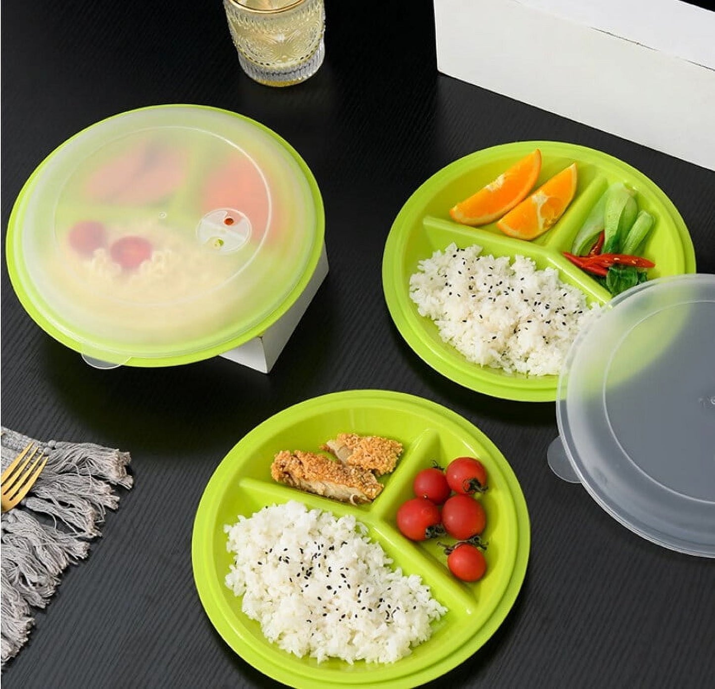 (Set of 3) Microwave Food Storage Tray Containers - 3 Section / Compartment Divided Plates w/ Vented Lid