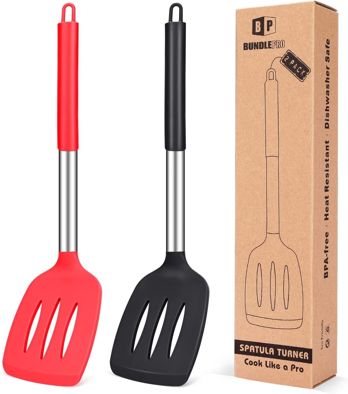 ZOUYUE 2 Pack Silicone Slotted Spatula Set, Non Stick Home Kitchen Turner Set, Black + Red