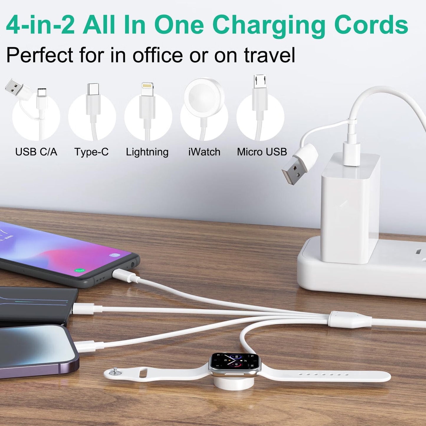 Multi Charging Cable for A-pple Watch Charger Phone,Travel 4-in-2 Watch i-Phone Charger with iOSPorts,Type C,and Micro USB,Compatible with i-Watch,i-Phone 15 14,Galaxy,and Android - White,4FT