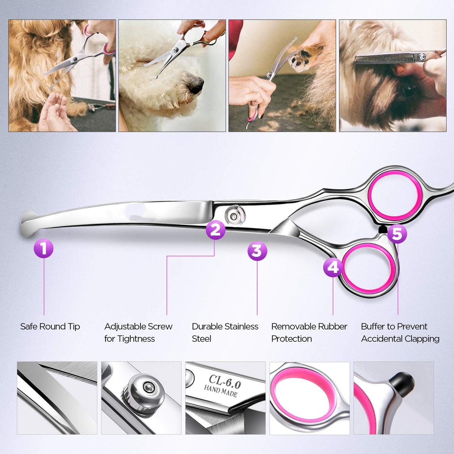 ZOUYUE Titanium Coated Professional 6 in 1 4CR Stainless Steel Dog Grooming Scissors with Safety Round Tip,Heavy Duty Pet Grooming Scissor for Dogs,Cats and Other Animals