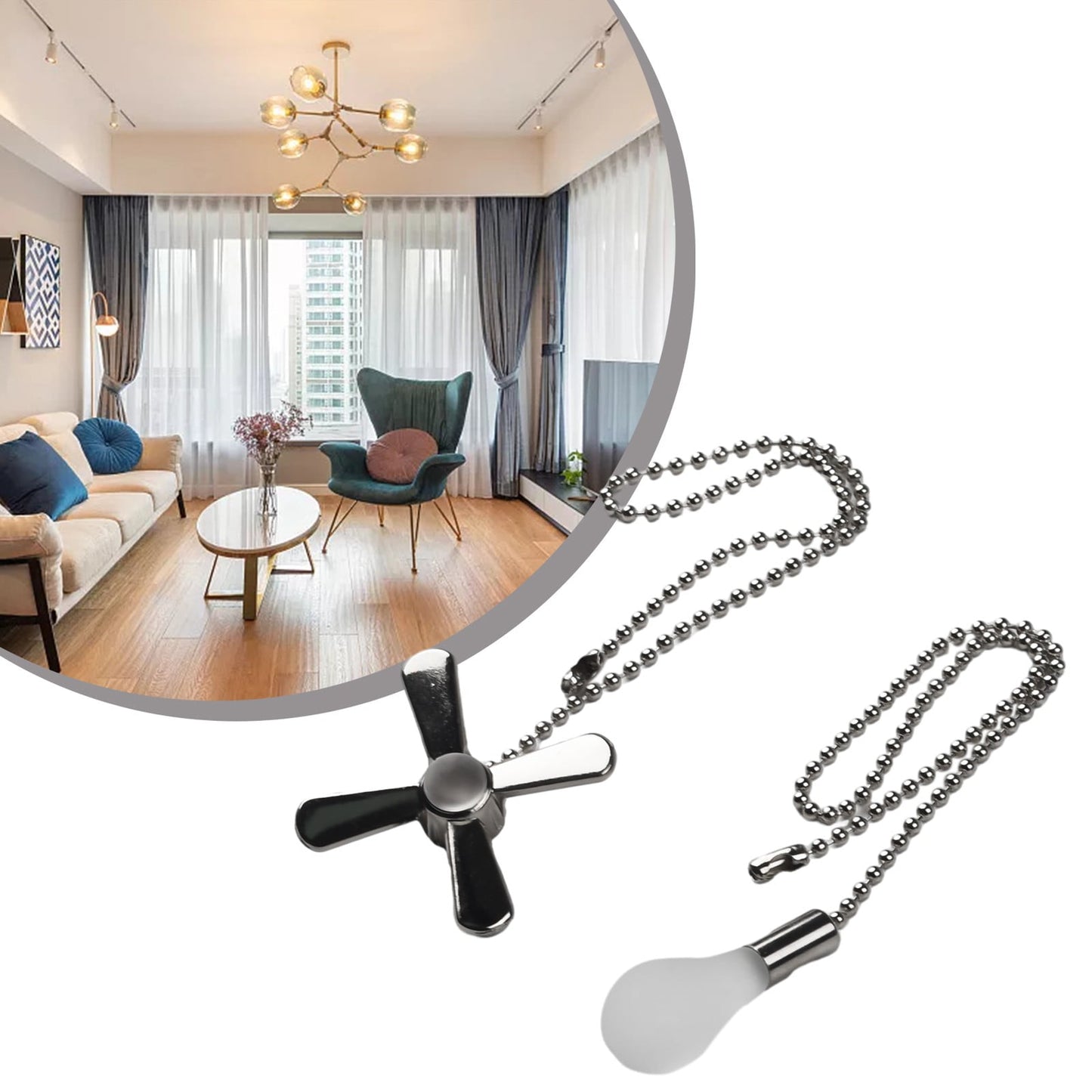 1 Pcs Ceiling Fan Pull Chain Beaded Ball Extension Chains with Light Bulb and Fan Cord,Silver