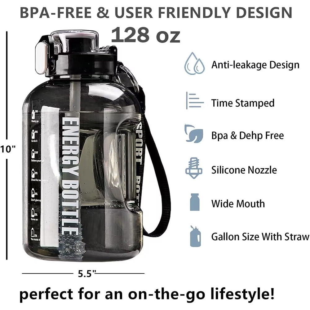 1 Gallon Water Bottles,128 oz Motivational Time Marked Water Bottle With Straw,BPA Free,Leak Proof Sports Water Bottle