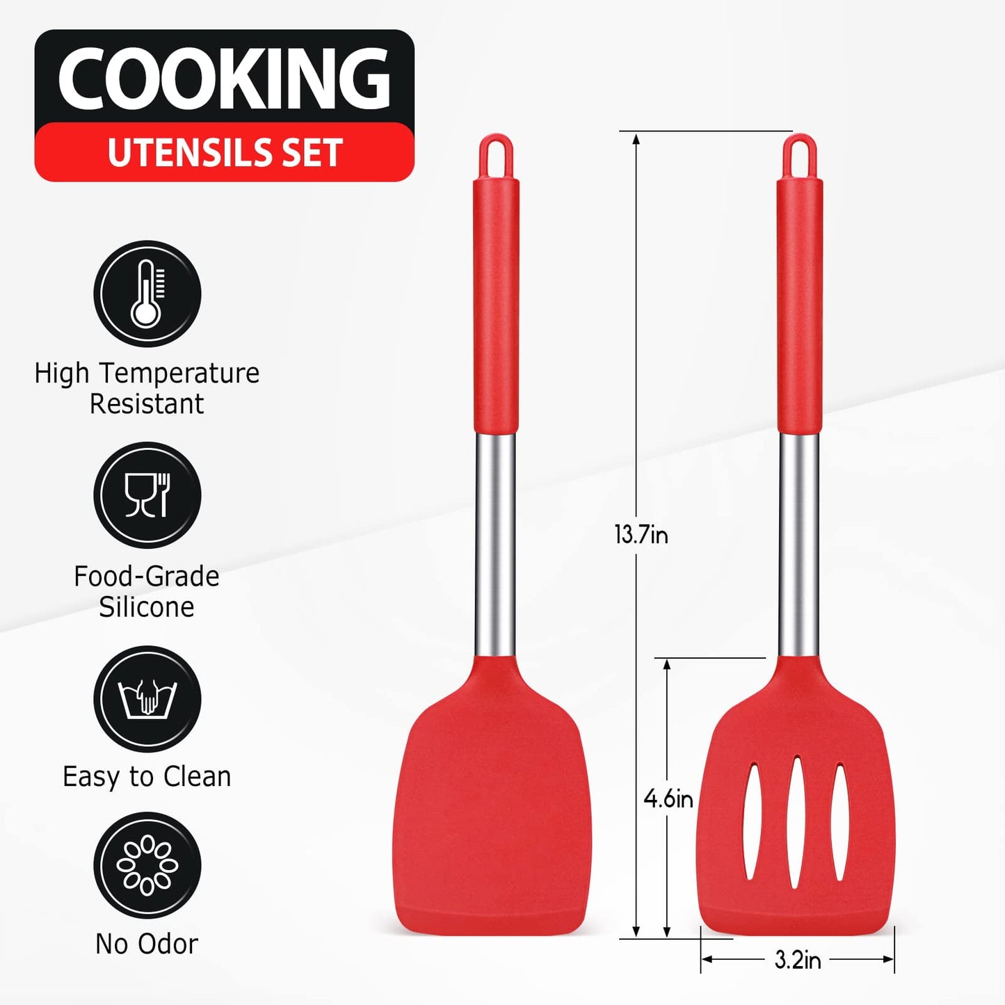 ZOUYUE Pack of 2 Silicone Solid Turner,Non Stick Slotted Kitchen Spatulas,High Heat Resistant BPA Free Cooking Utensils,Ideal Cookware for Fish,Eggs,Pancakes (Black/Red)