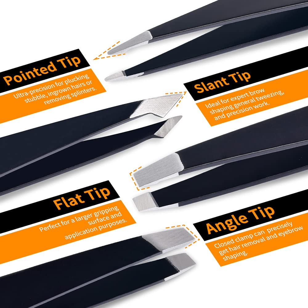 ZOUYUE Eyebrow Tweezer Set for Women or Men, 6 Pcs Precision Tweezers Set for Eyebrows with Curved Scissors for Ingrown Hair, Hair Plucking Daily Beauty Tools with Leather Travel Case(Black)