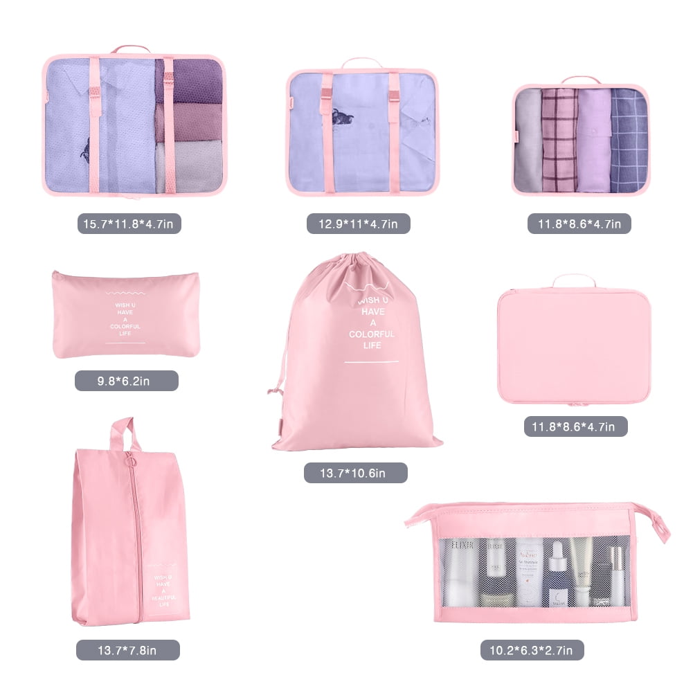 ZOUYUE Packing Cubes for Travel, 8Pcs Travel Cubes Set Foldable Suitcase Organizer Lightweight Luggage Storage Bag, Pink