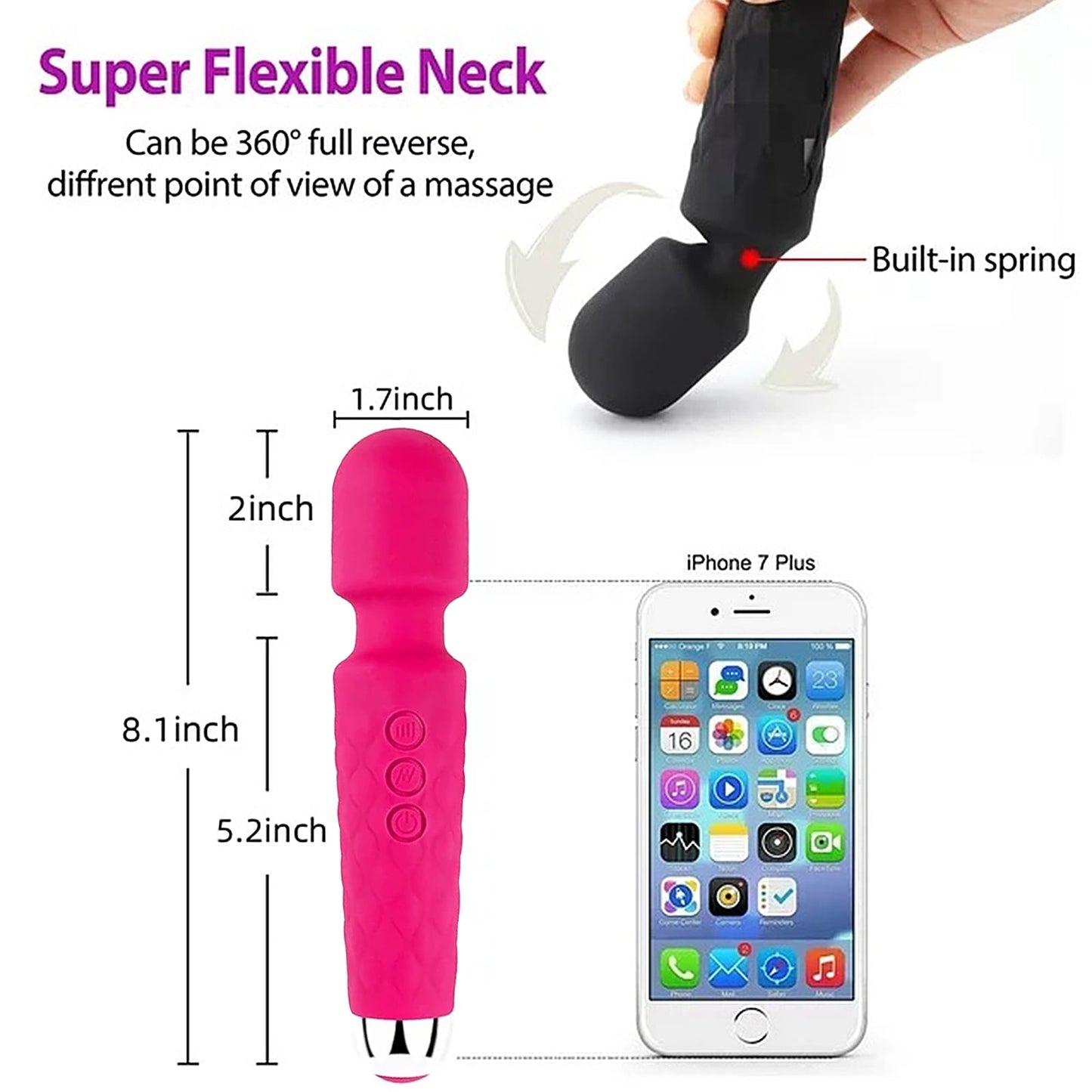 ZOUYUE Portable Personal Messager Wand Travel Size Silicone Massage Pleasure Handheld with 20 Vibrating Patterns 8 Speeds Body Massager Cordless USB Rechargeable,Pink