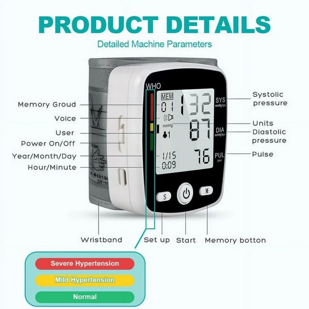 Blood Pressure Monitor,Automatic Large LCD Display Adjustable Wrist Cuff,Wrist BP Cuff for Adults