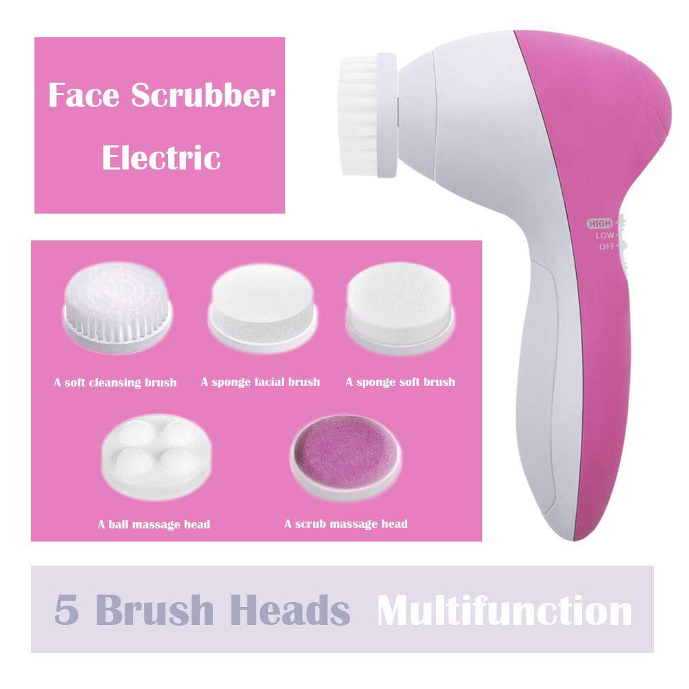 1 Set 5 in 1 Facial Cleansing Brush Face Scrubber with 5 Heads Electric Gentle exfoliating for Spin Cleanser Device,Massaging and Deep Cleansing Women & Men Blue(Pink)