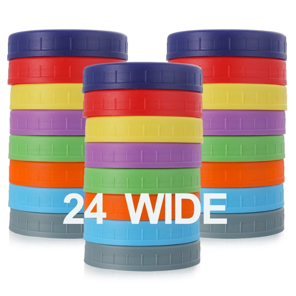 [ 24 Pack ] Wide Mouth Mason Jar Lids Plastic,Reusable Canning Lids Plastic,Kerr and More - Colored Plastic Storage Caps for Mason/Canning Jars - Leak-Proof