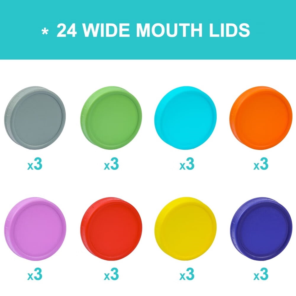 [ 24 Pack ] Wide Mouth Mason Jar Lids Plastic,Reusable Canning Lids Plastic,Kerr and More - Colored Plastic Storage Caps for Mason/Canning Jars - Leak-Proof