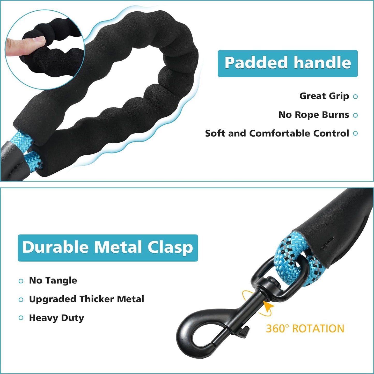 ZOUYUE Rope Dog Leash 5 FT with Comfortable Padded Handle, Highly Reflective Threads Dog Leash for Large/Medium Dogs, 1/2 inch, Multi-Color