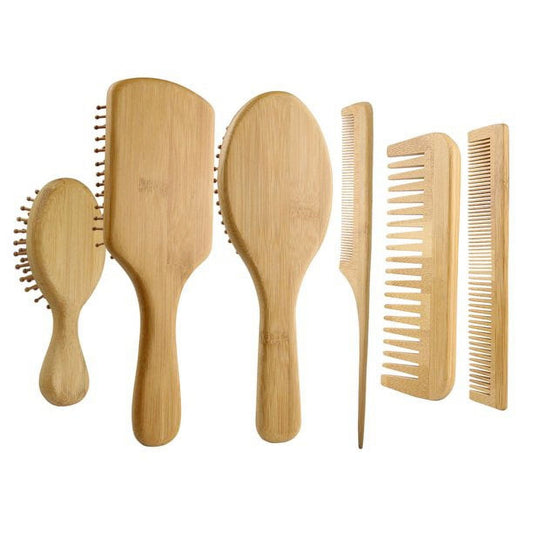 ZOUYUE 6 in 1 Hair Brush Comb for Men Women Handle Bamboo Bristle Hairbrush Set with Tail Comb, Tooth Comb, Double Head Comb, 3 Different Air Cushion Massage Brush for Massaging Scalp