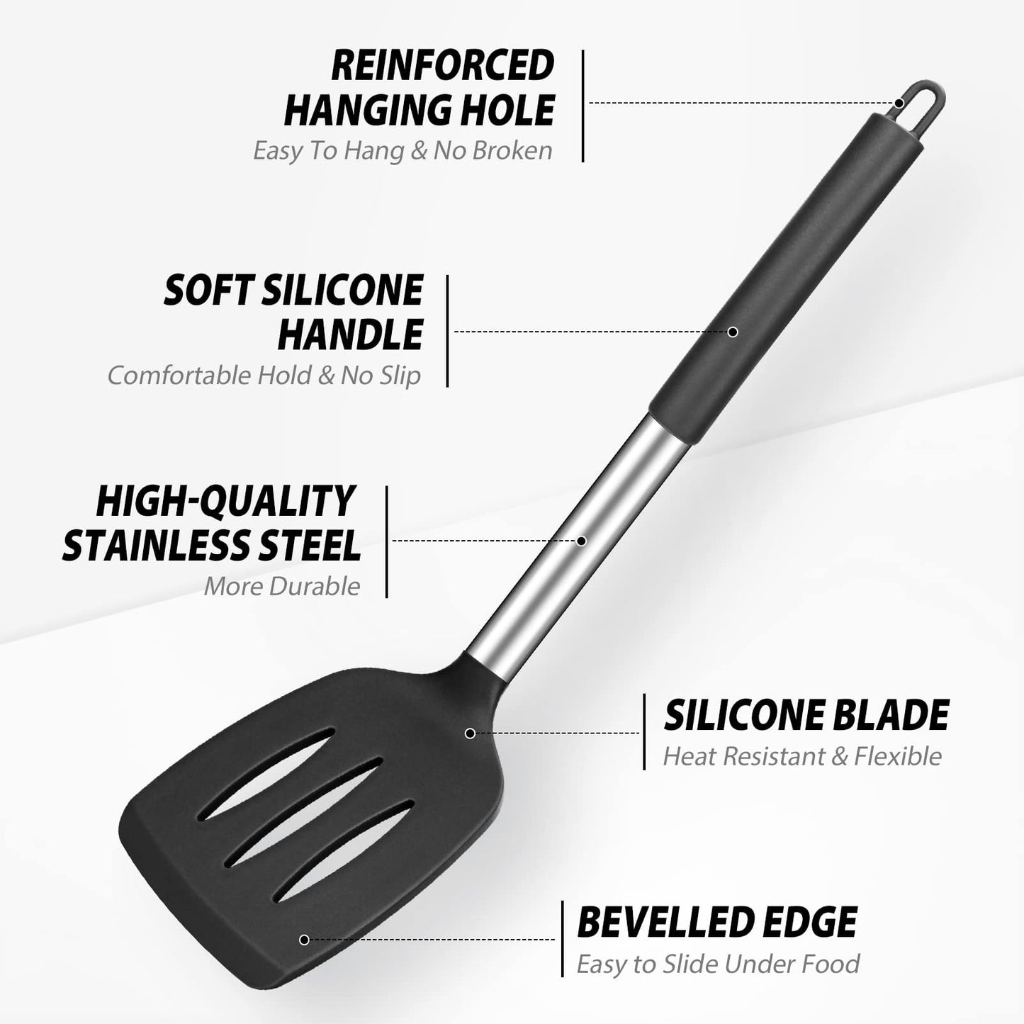 ZOUYUE Pack of 2 Silicone Solid Turner,Non Stick Slotted Kitchen Spatulas,High Heat Resistant BPA Free Cooking Utensils,Ideal Cookware for Fish,Eggs,Pancakes (Black/Red)
