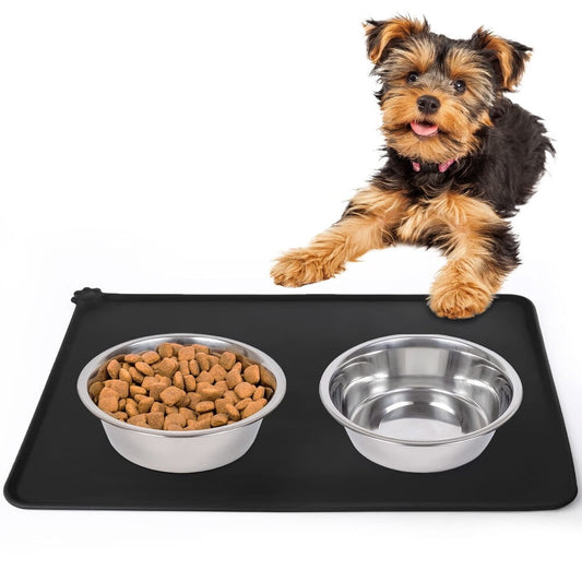 Silicone Cat Dog Food Mat,Waterproof Pet Feeding Mat with Lips,Non-Slip Dog Bowls Mat for Food and Water,Pet Placemat for Small Medium Pets,Washable,Black