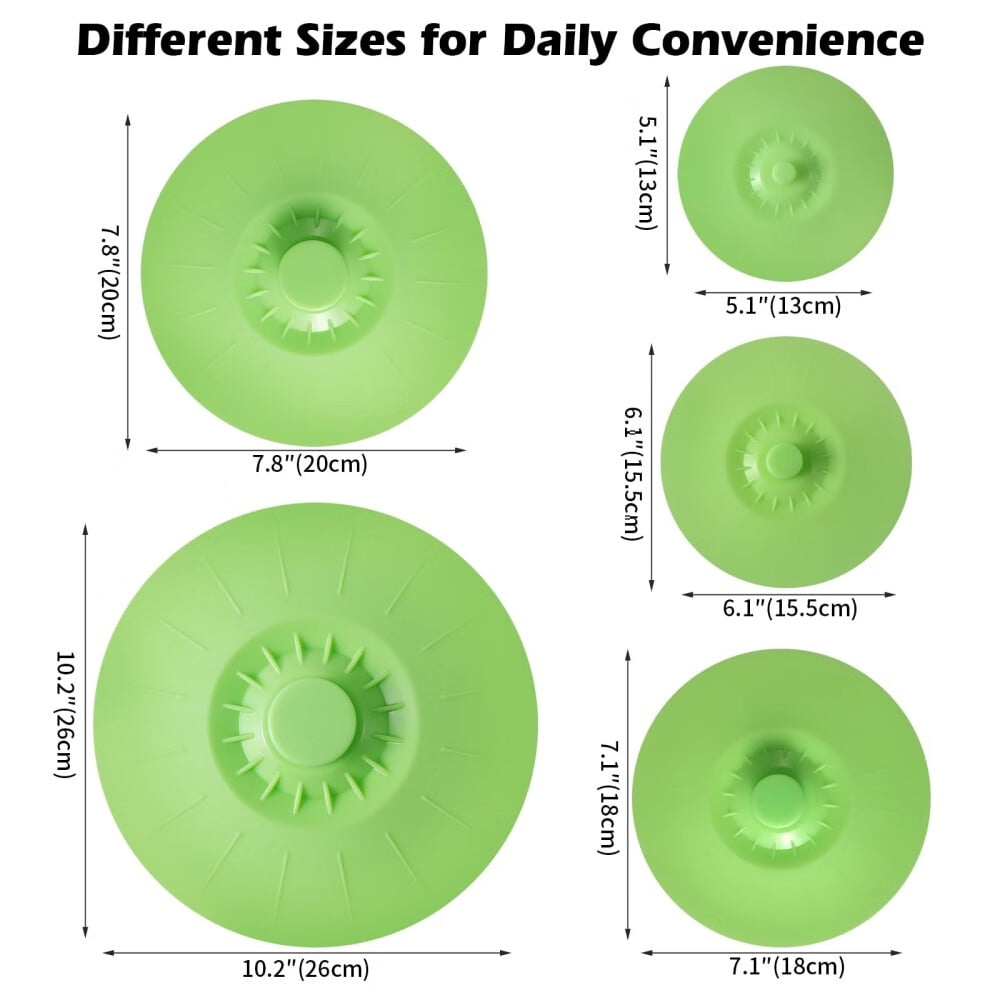 Silicone Bowl Lids,Set of 5 Silicone Food Lids for Cups,Bowls,Plates,Pots,Pans,Skillets,Stovetops,Ovens,and Refrigerators,Kitchen Gadgets,Green