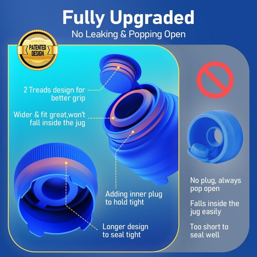 [Upgraded]Reusable 3 & 5 Gallon Water Jug Cap,No Leaking & Popping Open,Food Grade Silicone Replacement Cap for 55mm Standard/Screw/Crown Top Water Bottle & Water Pump Dispenser,3Pcs