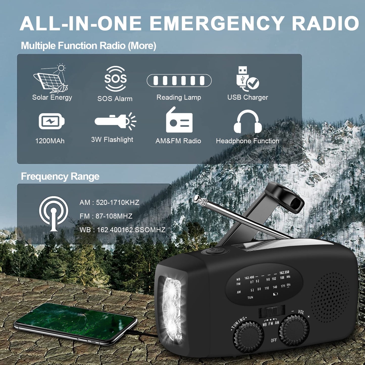 ZOUYUE Hand Crank Emergency Radio, Portable Radio Solar Powerd AM FM WB NOAA Weather Radio with Flashlight, Cell Phone Charge, SOS Alarm