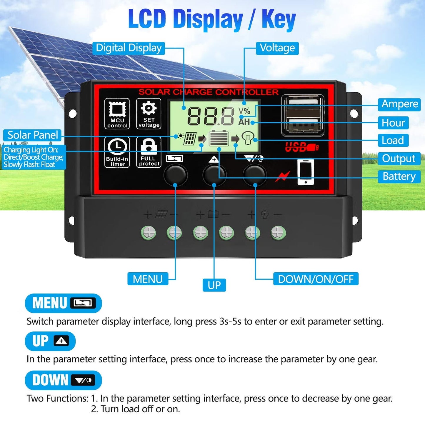 [Upgraded] 30A Solar Charge Controller,Black Solar Panel Battery Intelligent Regulator with Dual USB Port 12V/24V PWM Auto Paremeter Adjustable LCD Display (30a)
